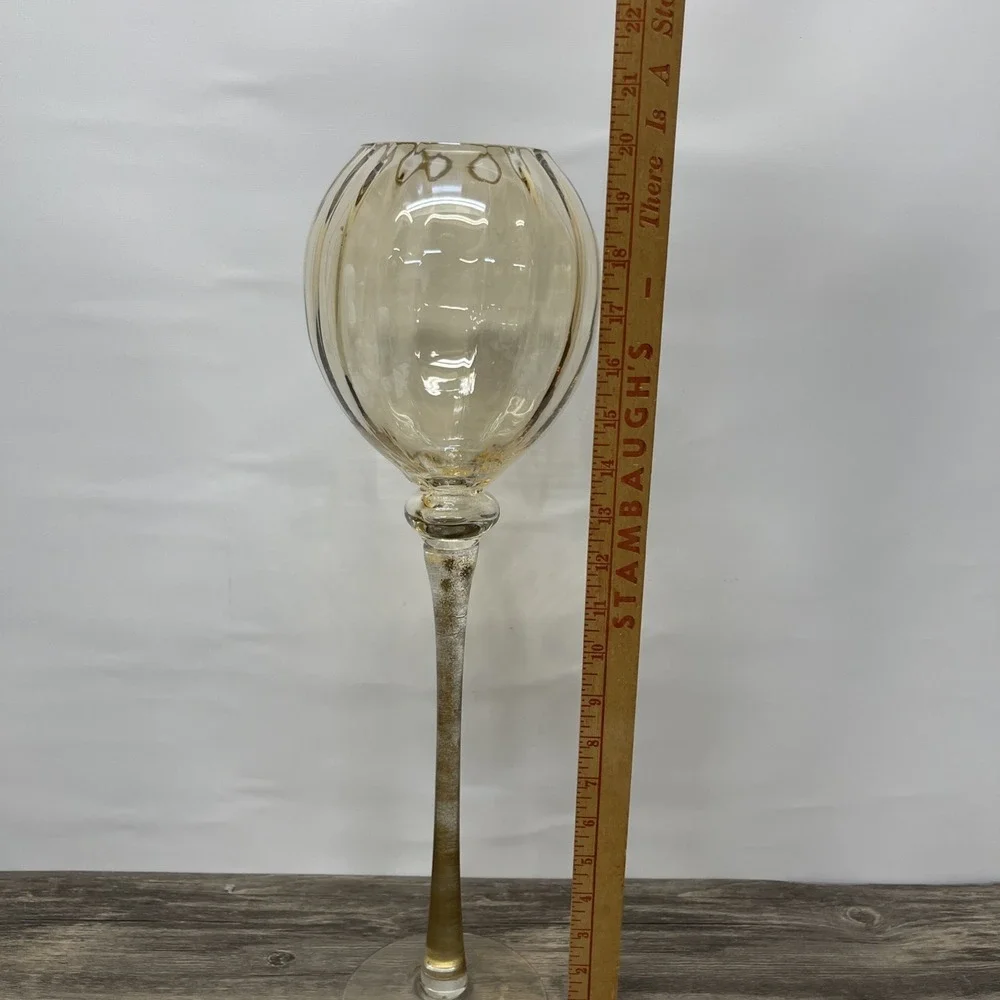 Tall Amber Optic Glass Pedestal Candle Holder Gold Speckled Stem 20 Inch